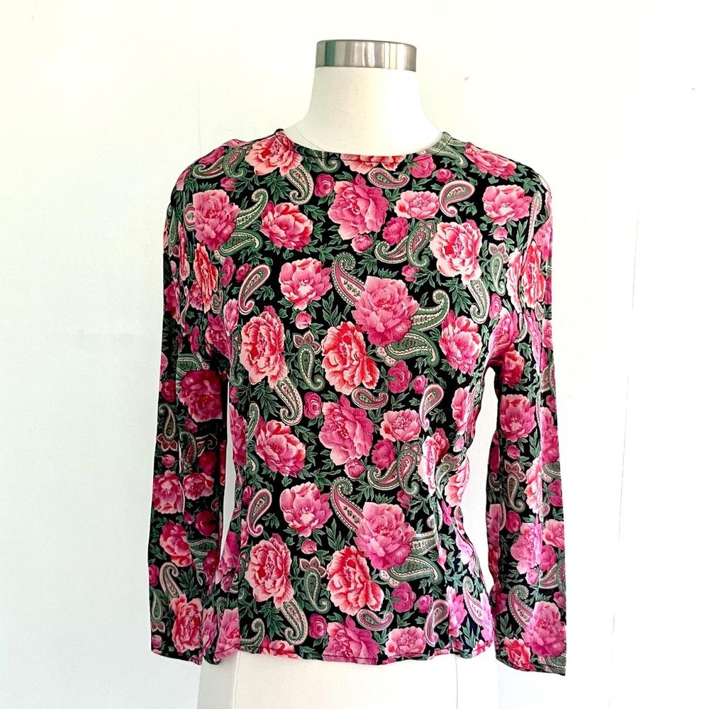 Vintage 80’s black & pink floral rayon button up back blouse shirt top